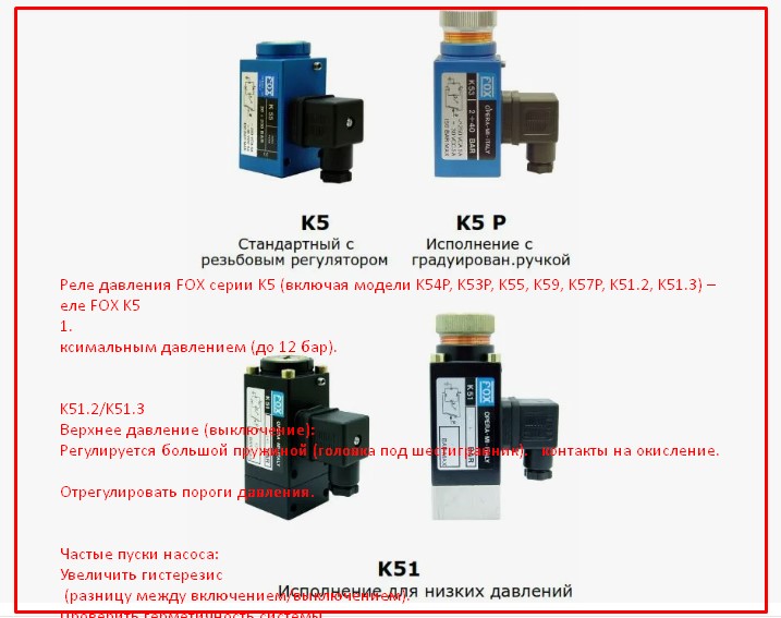 Реле давления FOX K5-K54P, K53P, K55, K59, K57P, K51.2, K51.3